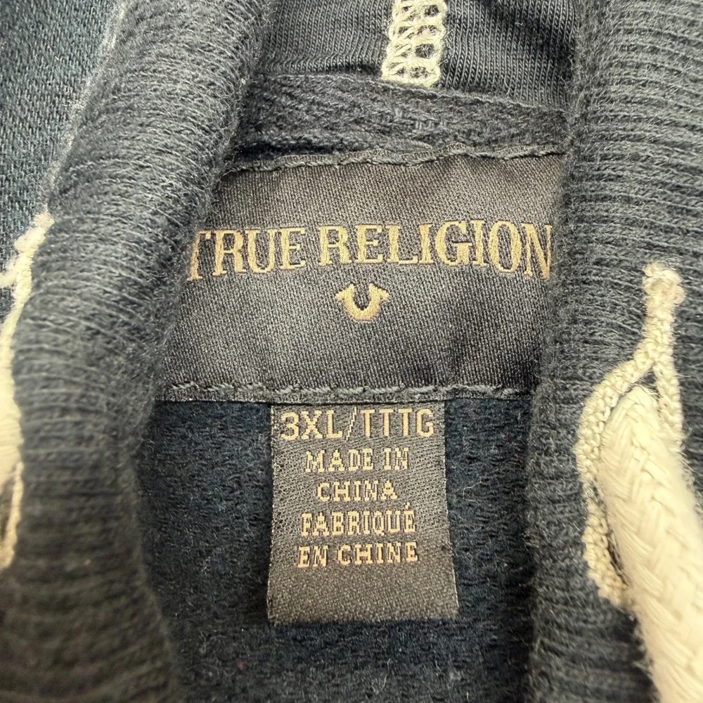 Y2K True Religion Mens 3XL Black Contrast Stitch Zip Up Hoodie Horseshoe Logo